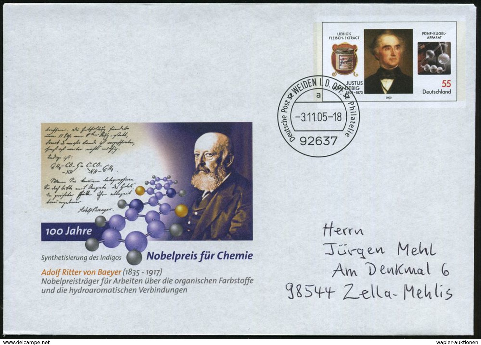 92637 B.R.D. 2005 (3.11.) 55 C. USo .: J. V. Liebig: 100 Jahre Nobelpreis Chemie = Adolf V. Baeyer (u. Formel) Maschinen - Chimie