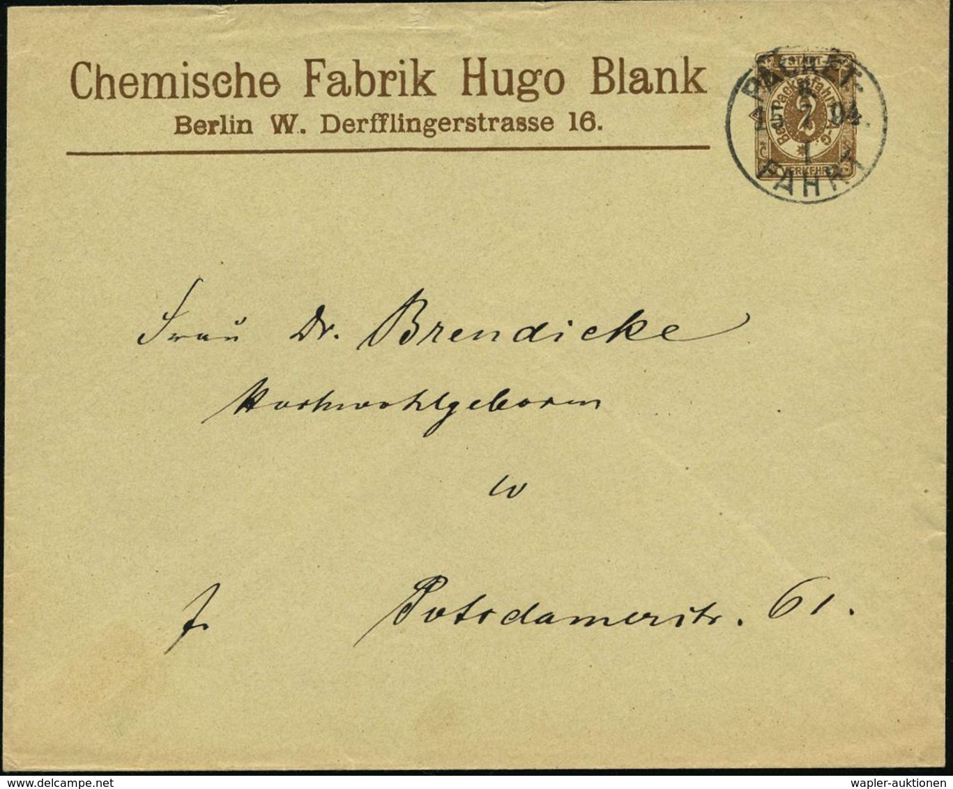 Berlin W. 1894 (15.7.) Privatpost-PU 2 Pf. "Berliner Packetfahrt AG" Braun: Chemische Fabrik Hugo Blank , 1K: PACKET-/FA - Chimie