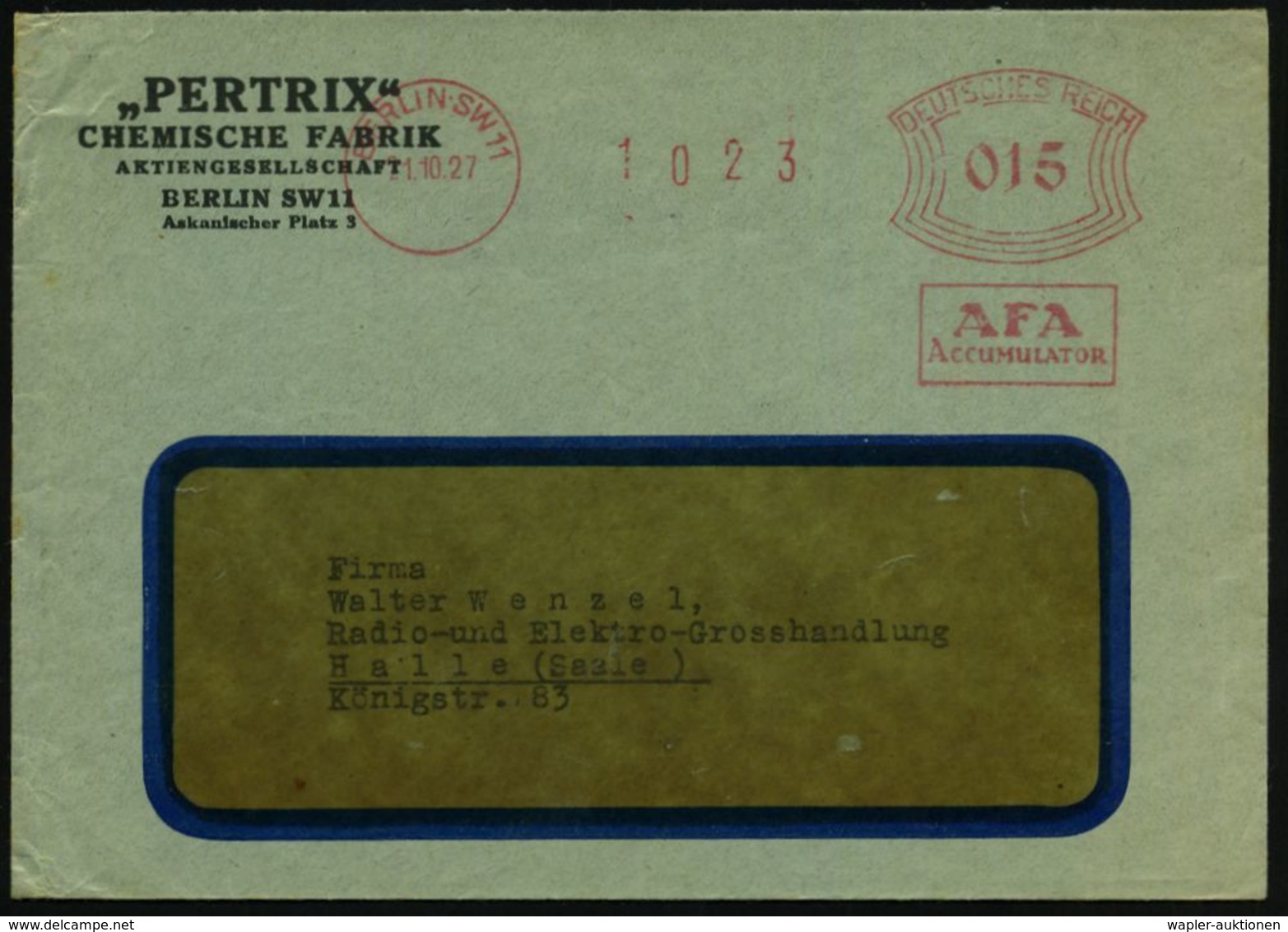 BERLIN:SW 11/ A F A/ AKKUMULATOREN 1927 (21.10.) AFS Auf Firmen-Bf.: "PETRIX" CHEMISCHE FABRIK AG , Seltener, Früher Fer - Chimie