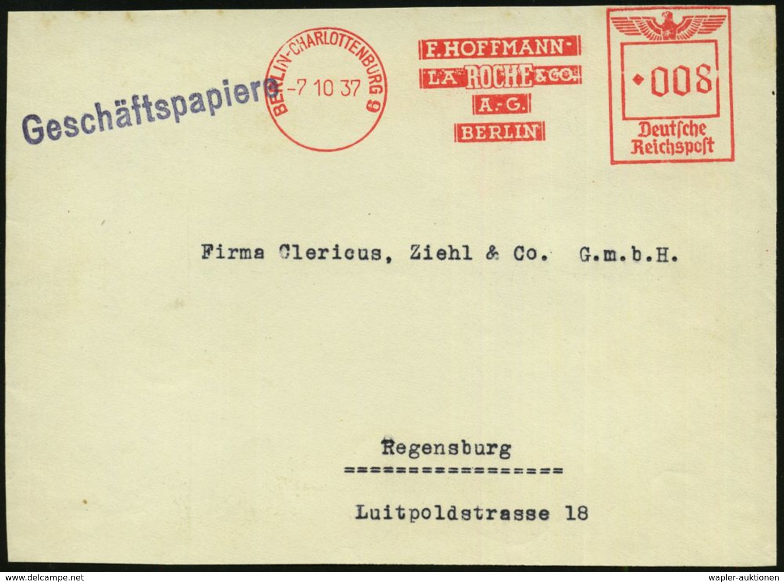 BERLIN-CHARLOTTENBURG 9/ F.HOFFMANN-/ LA ROCHE & CO/ AG 1937 (7.10.) AFS Klar Auf Bedarfs-Vorderseite (Dü.E-5DG) - Gesch - Chimie