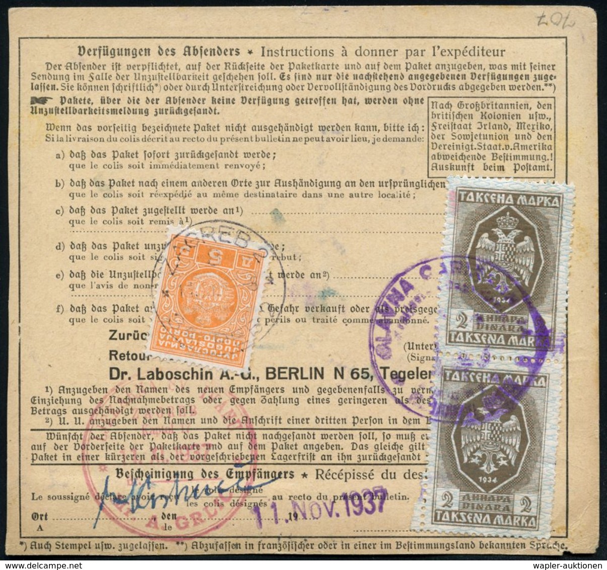 BERLIN N 4/ BEZAHLT 1937 (3.11.) 2K-Paket-FS + Selbstbucher-Paketzettel: Berlin 4/Dr.Laboschin AG/Berlin N65 + Div. TS , - Chimie