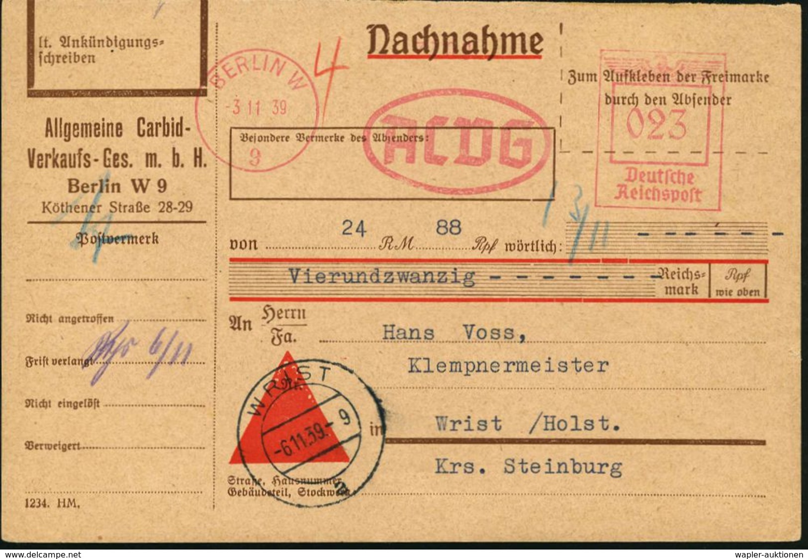 BERLIN W/ 9/ ACVG 1939 (3.11.) AFS 023 Pf. = A Llgem. Carbid-Verkaufs-GmbH, Seltene Inl.-NN-Firmenkarte N.WRIST (AS) Kla - Chimie