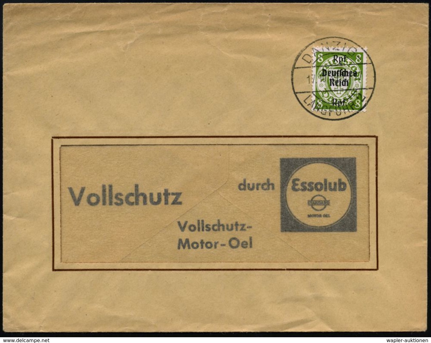 DANZIG-/ LANGFUHR 1939 (17.10.) !K-Brücke Auf EF Danzig-Abschied 8 Pf., Reklame-Bf.: Vollschutz Durch Essolub , Rs. Abs. - Chimie