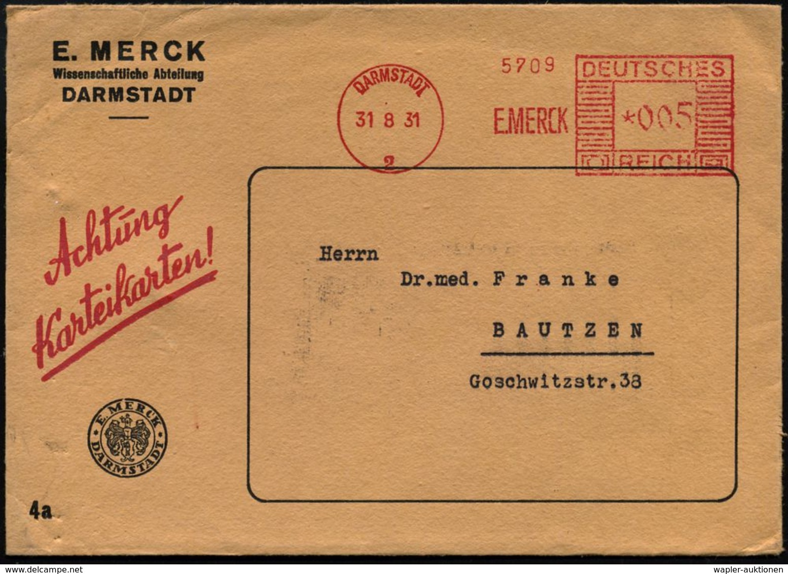 DARMSTADT/ 2/ E.MERCK 1931 (31.8.) AFS Auf Dekorativem, Zweifarbigem Firmen-Bf. Mit Firmenwappen: "Achtung Karteikarte"  - Chimie