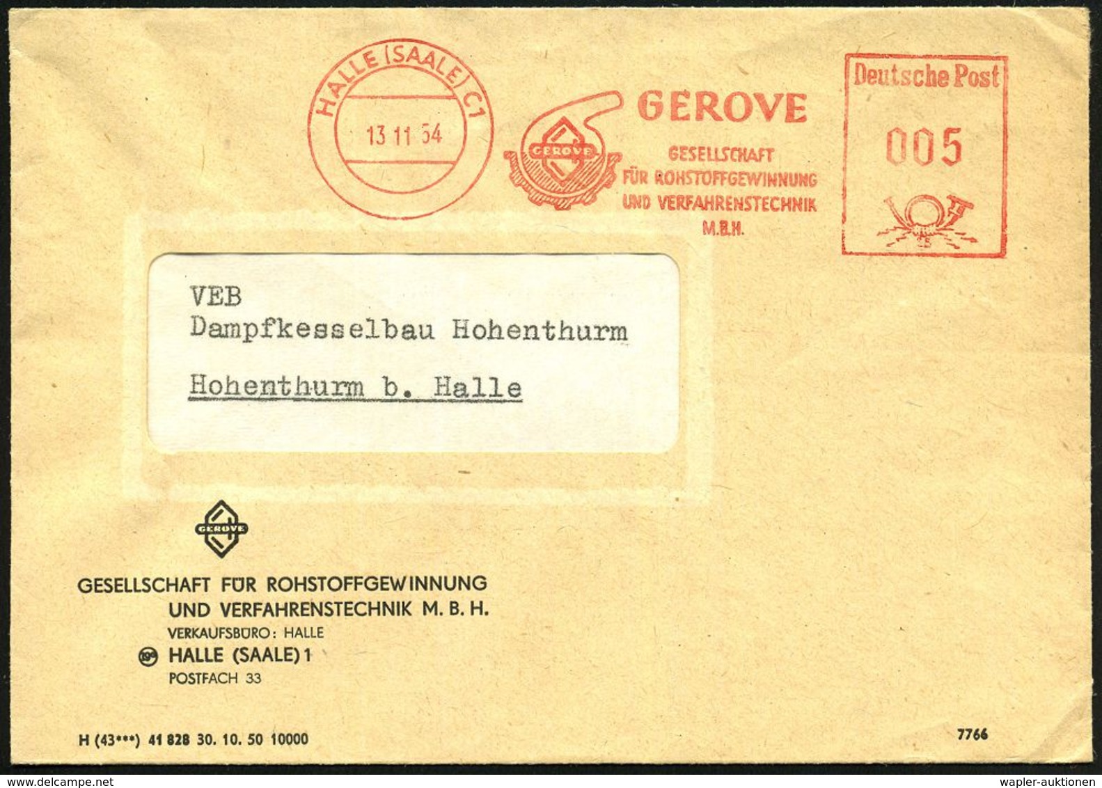 HALLE (SAALE) C 1/ GEROVE/ GESELLSCHAFT/ FÜR ROHSTOFFGEWINNUNG/ U.VERFAHRENSTECHNIK/ M.B.H. 1954 (13.11.) AFS = Glaskolb - Chimie