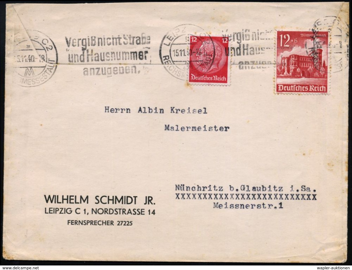 Leipzig C 2 1940 (Nov) Zweifarbiger Reklame-Bf: Wülfings Schwanenweiß..Der Weißlack.. (Hand M.Pinsel, Farbtopf) Dekorati - Chimie