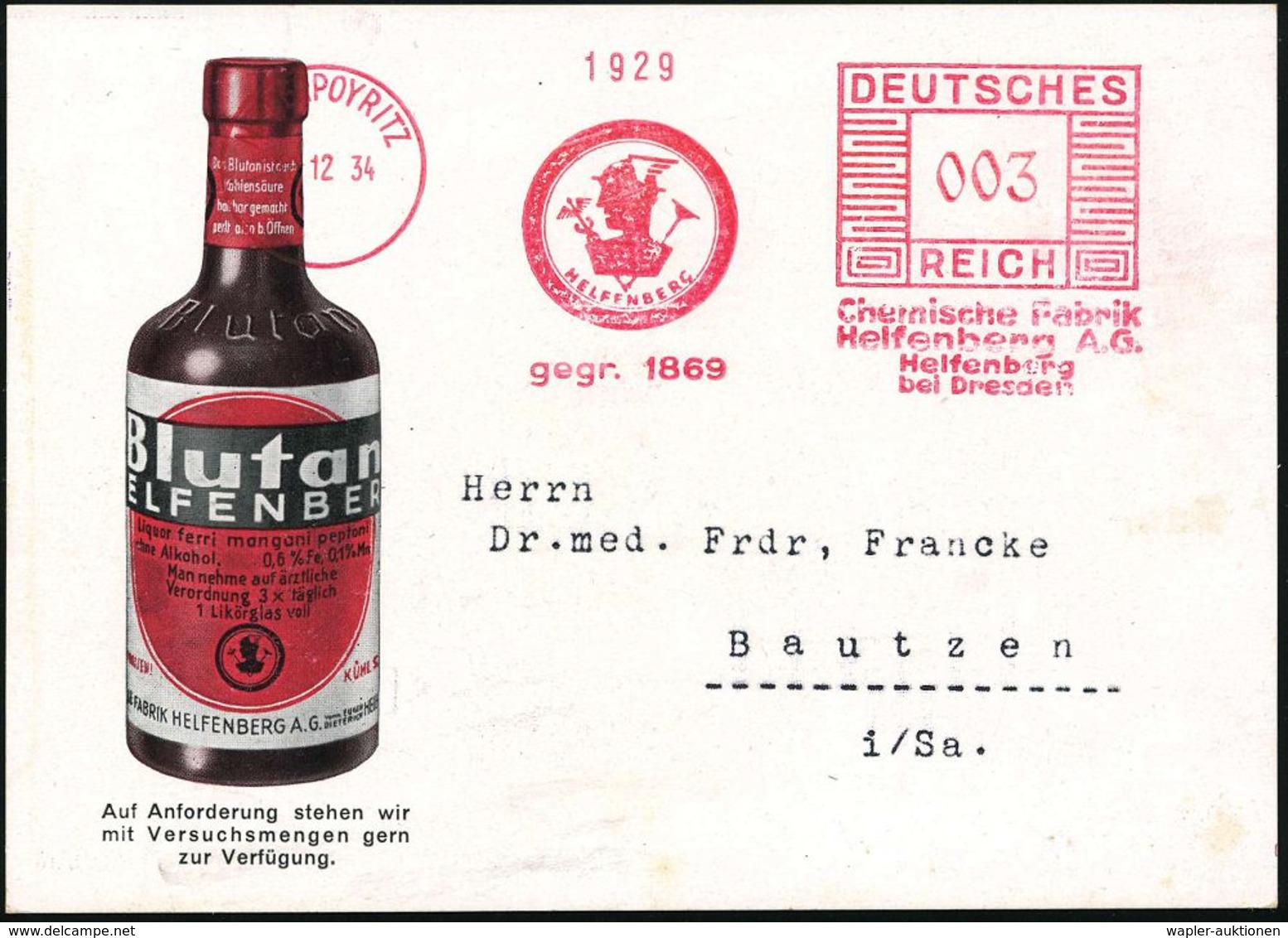 NIEDERPOYRITZ/ HELFENBERG/ Chemische Fabrik.. 1934 (11.12.) Seltener AFS = Kopf Des Merkur Mit Merkurstab Klar Auf Zweif - Chimie