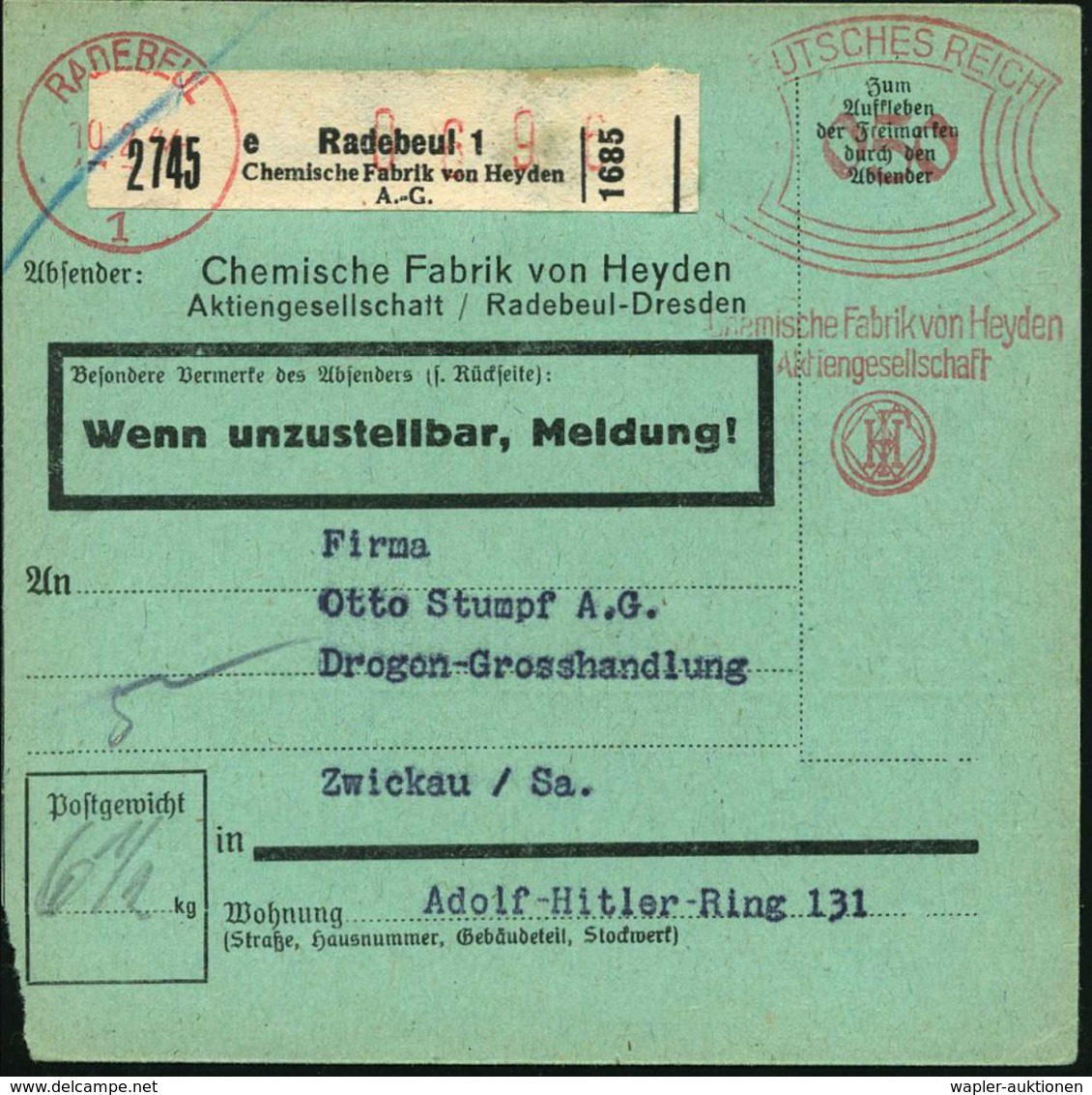RADEBEUL/ 1/ Chem.Fabrik Von Heyden/ AG 1944 (Feb.) AFS 050 Pf. Auf Selbstbucher-Paketzettel: E  Radebeul 1/ Chemische F - Chimie
