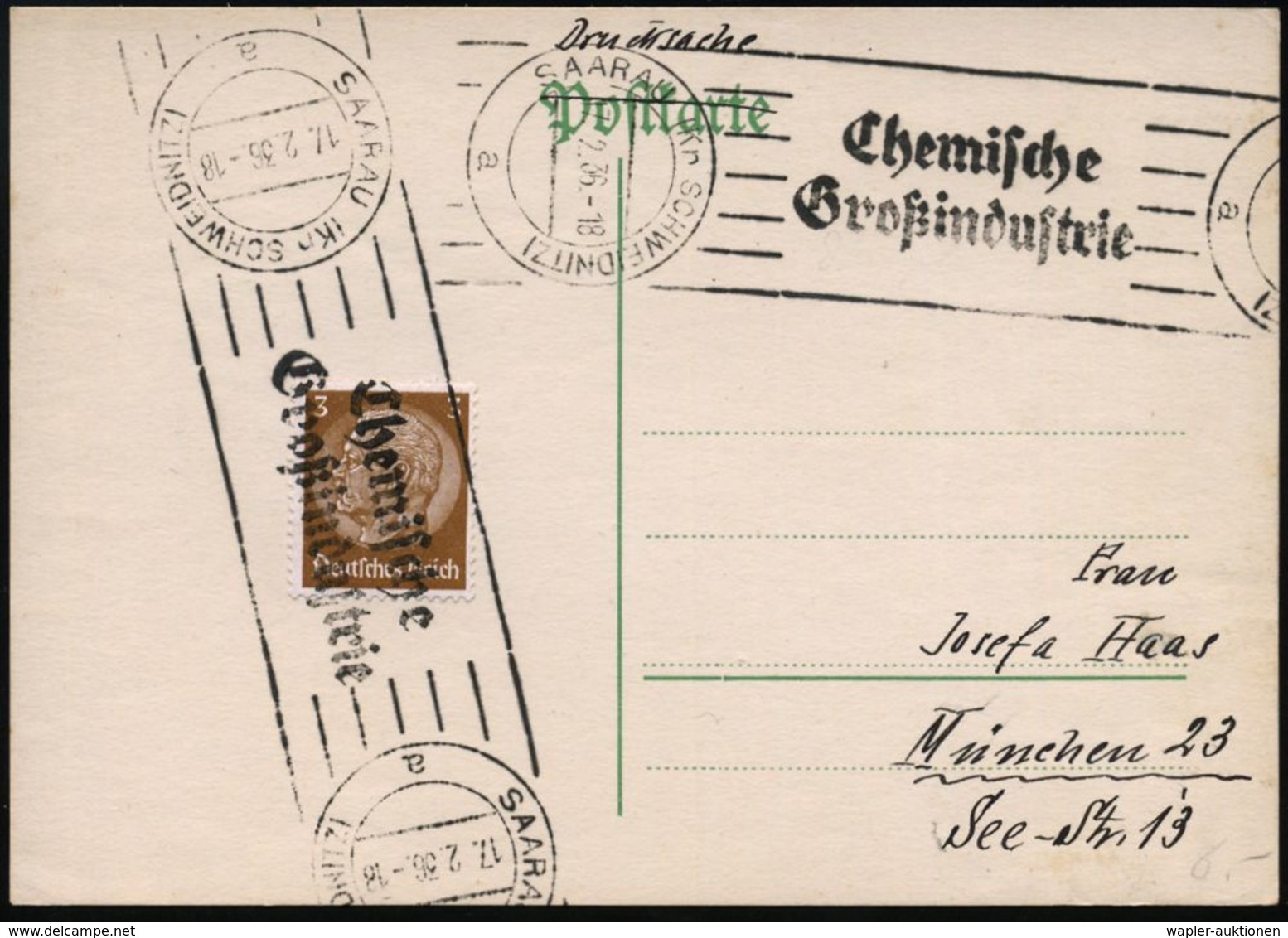 SAARAU (Kr SCHWEIDNITZ)/ A/ Chemische/ Großindustrie 1936 (17.2.) Seltener RoWSt (endlos) 2x Klar Auf Inl.-Karte, Nur 19 - Chimie