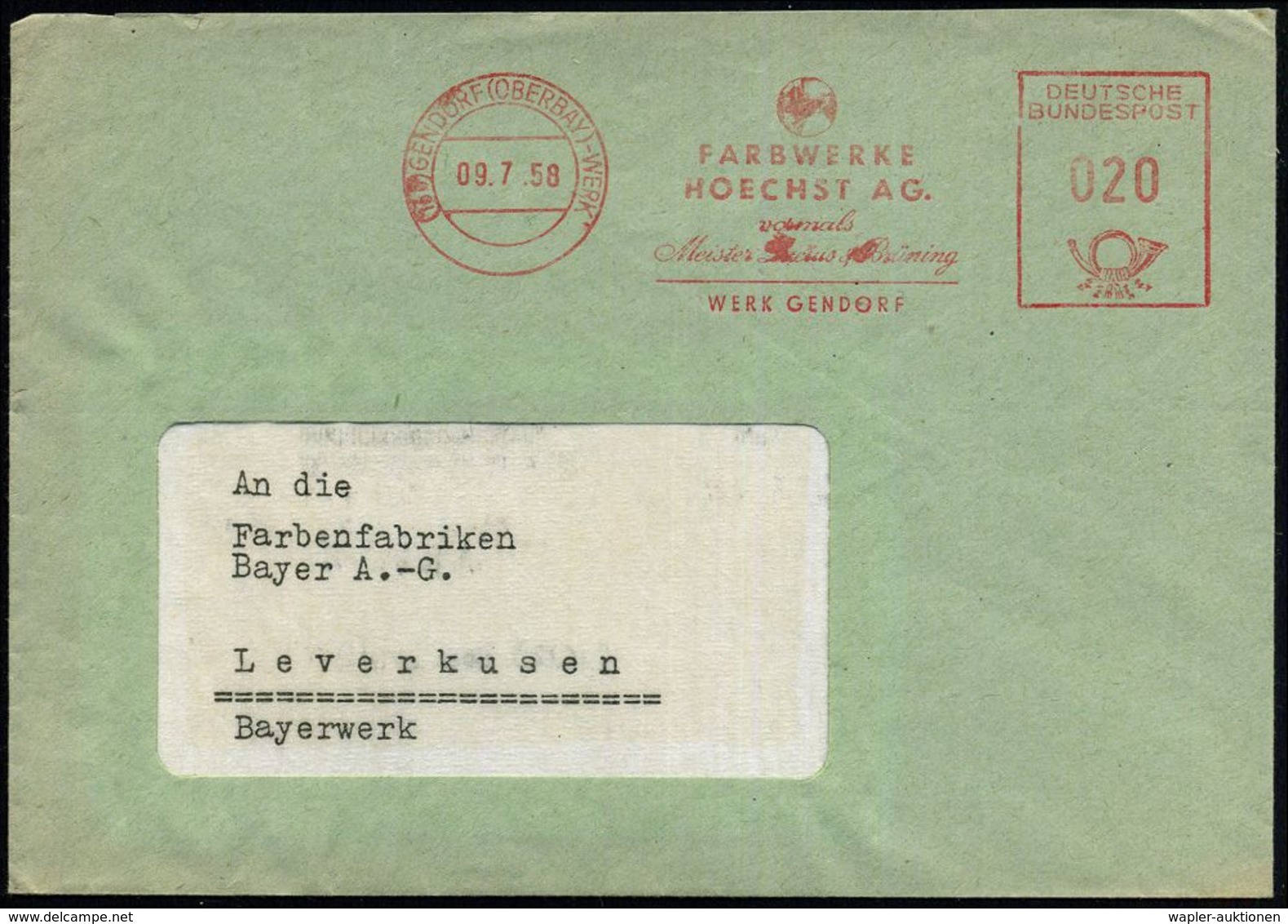 (13b) GENDORF (OBERBAY)- W E R K / FARBWERKE/ HOECHST AG../ WERK GENDORF 1958 (9.7.) AFS = Seltenes Hauspostamt Farbwerk - Chimie