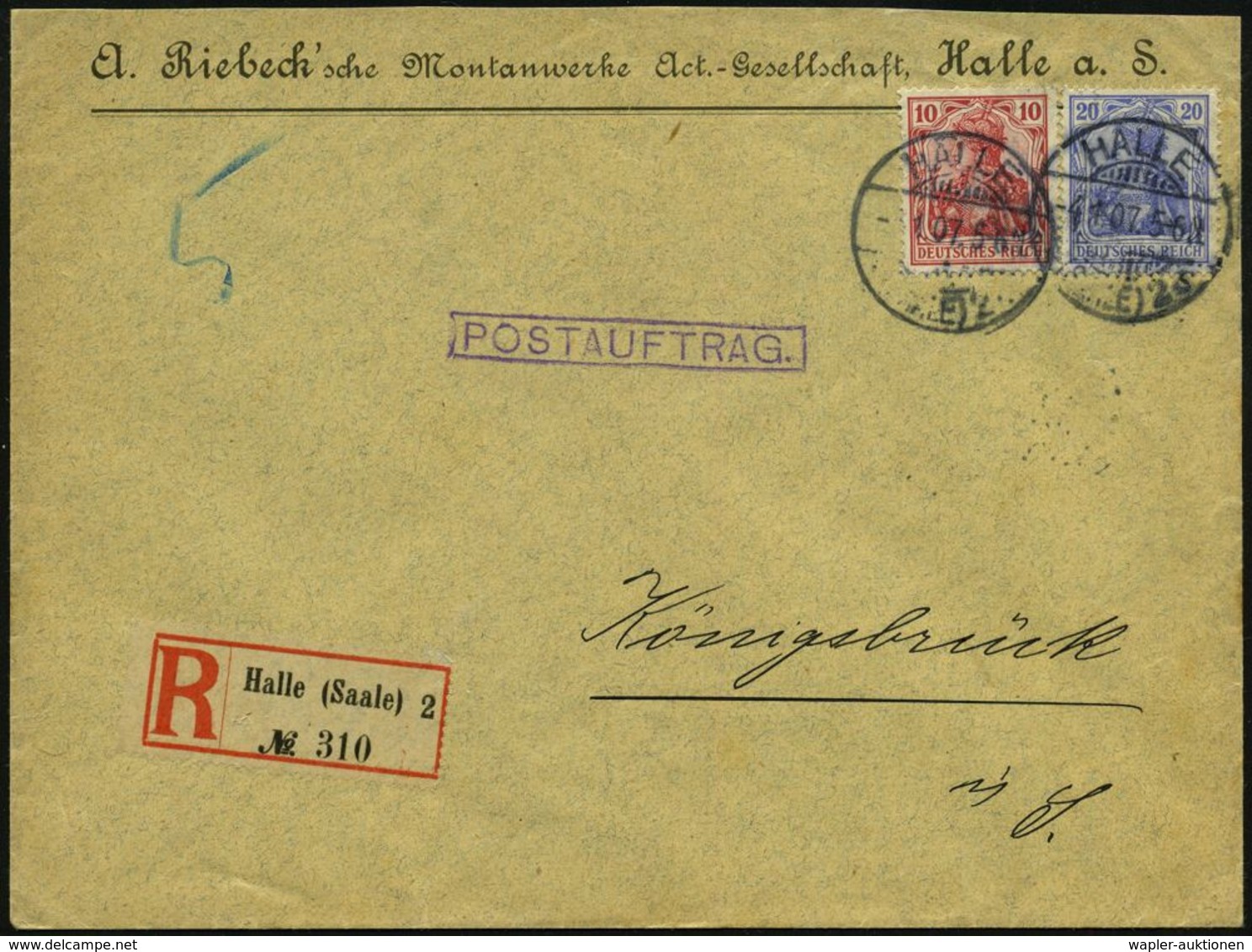 HALLE (SAALE) 2/ S 1907 (4.1.) 1K-Gitter Auf Germania 10 Pf. U. 20 Pf. + Gez. RZ: Halle (Saale) 2 , Firmenbrief: A. Rieb - Chimie