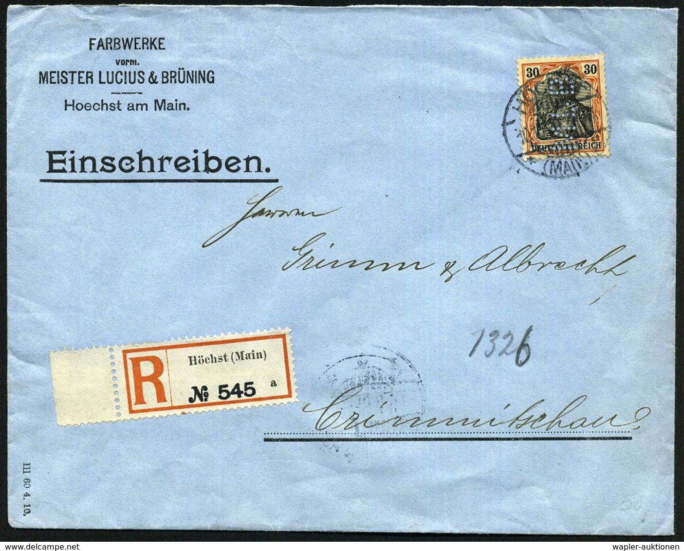 HÖCHST/ *(MAIN)f 1910 (10.10.) 1K-Gitter Auf EF 30 Pf. Germania Mit Firmenlochung: M L B = M Eister Lucius & Brüning (=  - Chimie