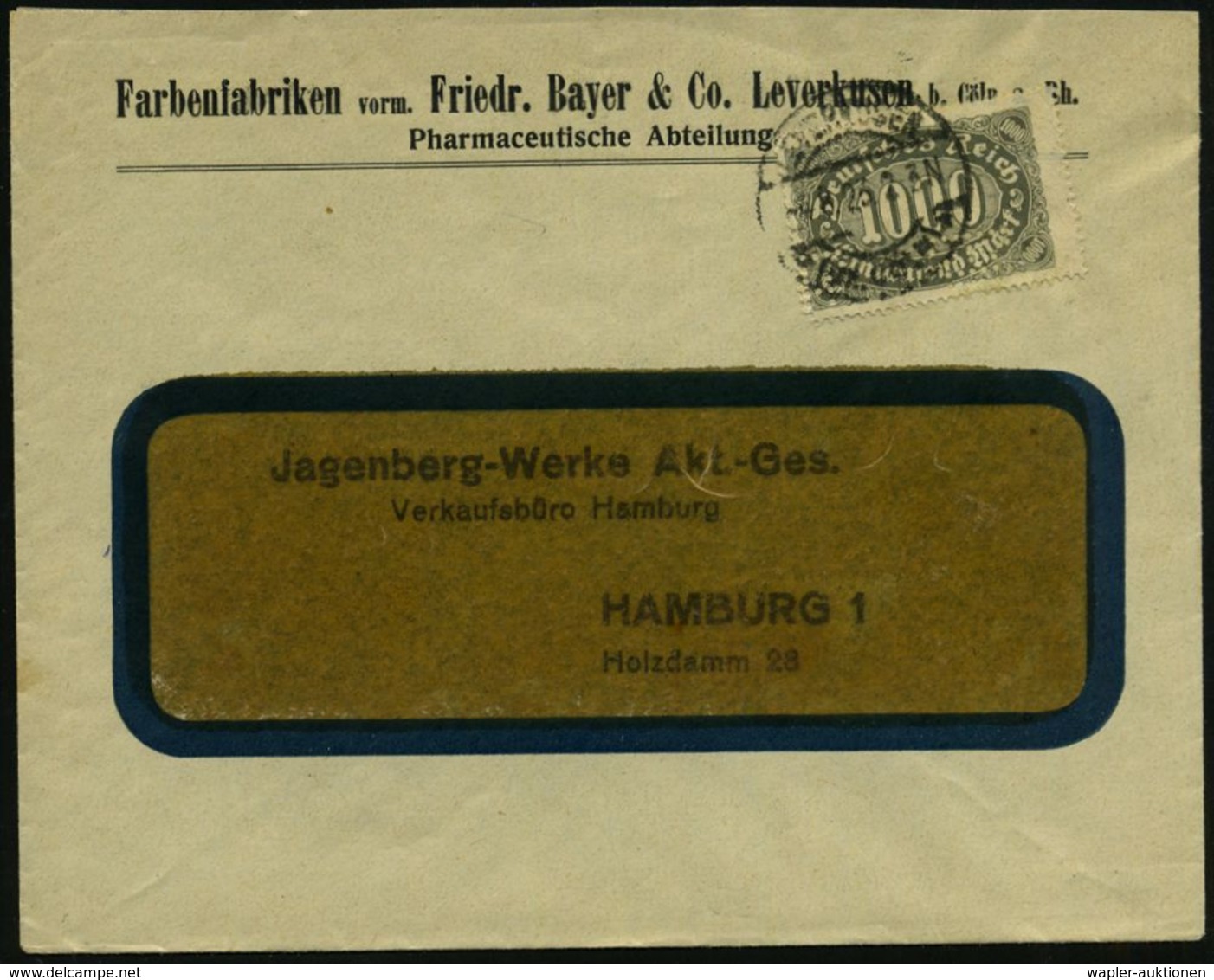 LEVERKUSEN/ *(KR CÖLN)* 1923 (4.8.) 1K-Steg Auf EF 1000 Mk., Firmen-Bf.: Farbenfabriken Vorm. Friedr. Bayer & Co../ Phar - Chimie