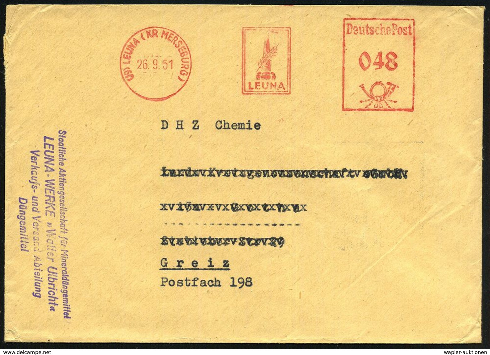 (19) LEUNA (KR MERSEBURG)/ LEUNA 1951 (26.9.) AFS 048 Pf. + Viol. Abs.-4L: Staatliche AG Für Mineraldüngemittel/LEUNA-WE - Chemie