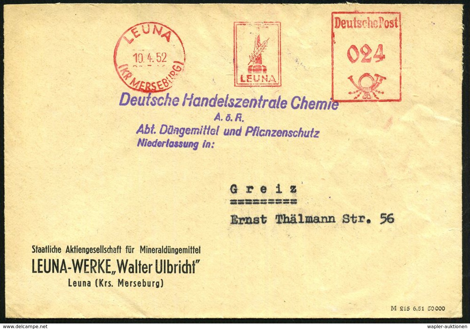 LEUNA/ (KR MERSEBURG)/ LEUNA 1951 (17.12.) AFS = Firmenlogo Auf Firmen-Bf.: Staatl. Aktiengesellschaft Für Mineraldüngem - Chimie