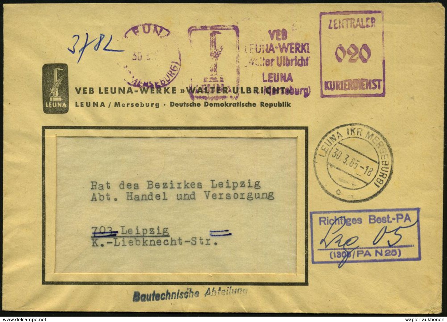 LEUNA/ (KR MERSEBURG)/ VEB/ LEUNA-WERKE/ "Walter Ulbricht"../ ZKD 1965 (30.5.) Lila ZKD-AFS (altersbedingt Abgenutzt) +  - Chimie