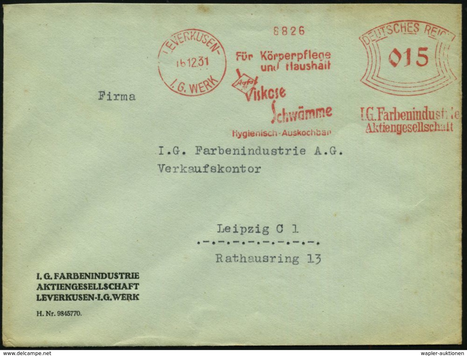 LEVERKUSEN-/ I.G.WERK/ Für Körperpflege/ U.Haushalt/ Agfa/ Viskose/ Schwämme/ Hygienisch-Aus-kochbar 1931 (16.12.) AFS 0 - Chimie