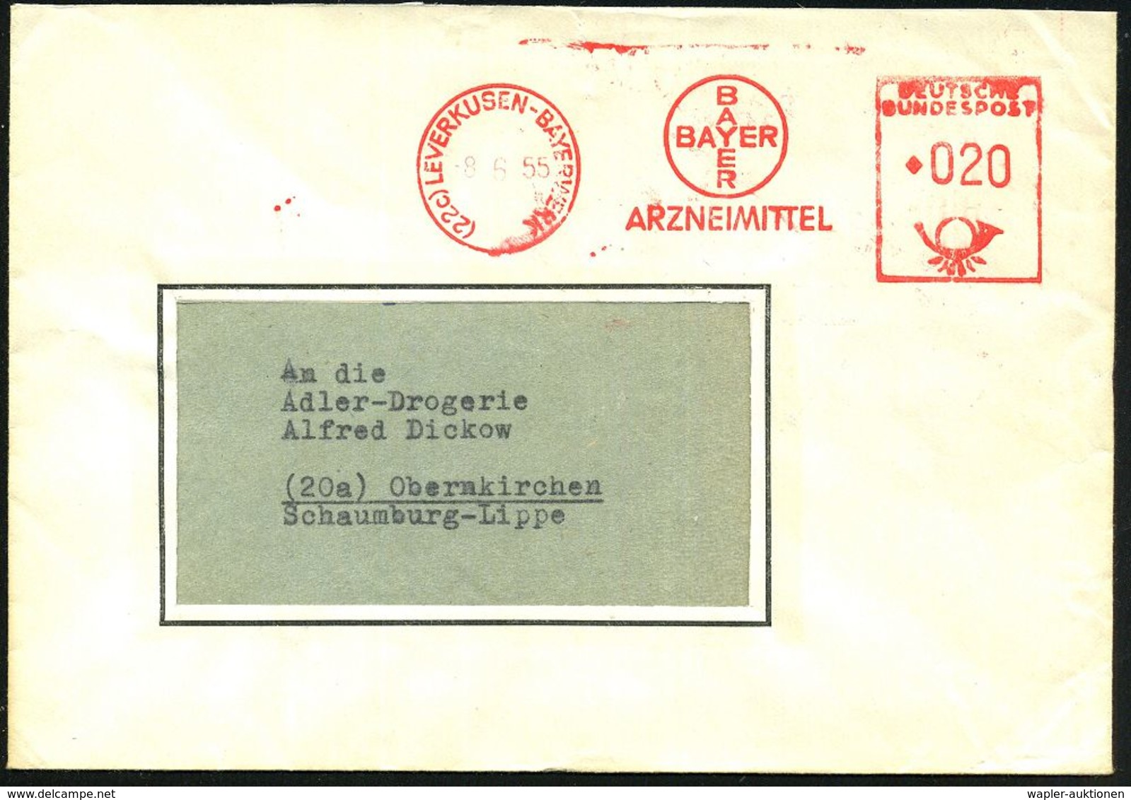 (22c) LEVERKUSEN-BAYERWERK/ BAYER/ ARZNEIMITTEL 1955 (8.5.) AFS Mit Postleitzahl = Hauspostamt , Rs. Abs.-Vordruck, Fern - Chimie