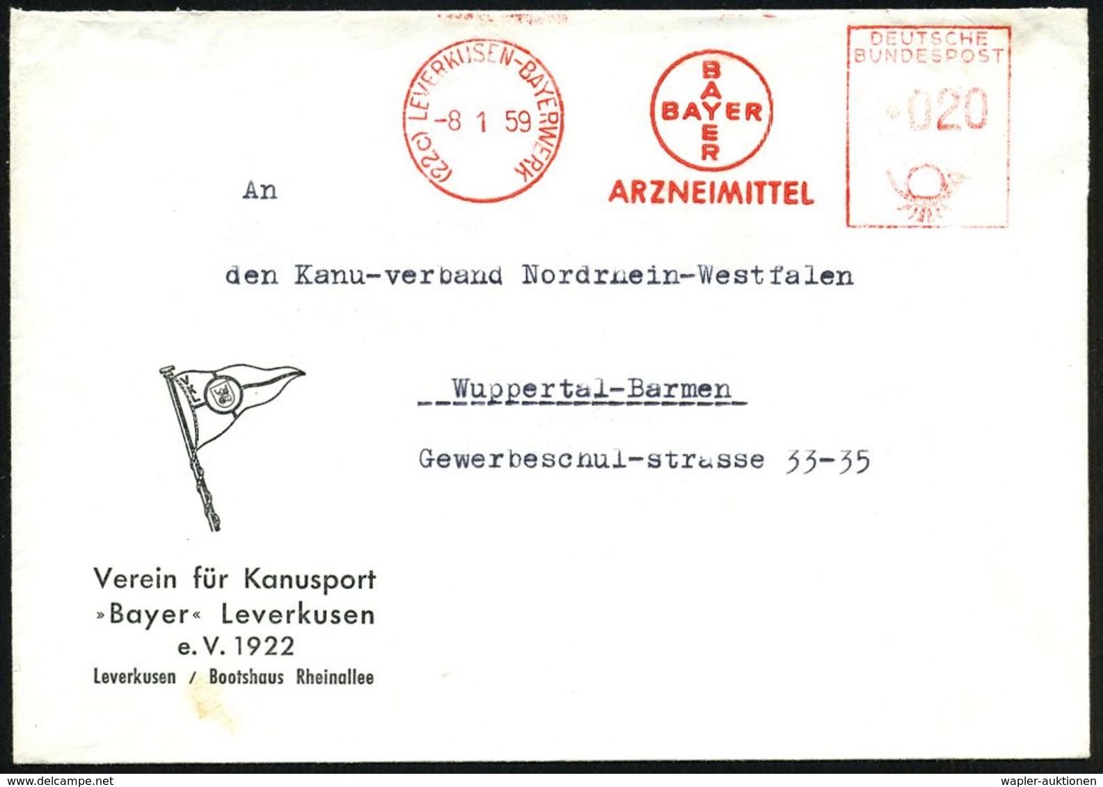 (22c) LEVERKUSEN-BAYERWERK/ BAYER/ ARZNEIMITTEL 1959 (8.1.) AFS = Hauspostamt, Dekorat. Vordr.-Bf.: Verein Für Kanusport - Chimie