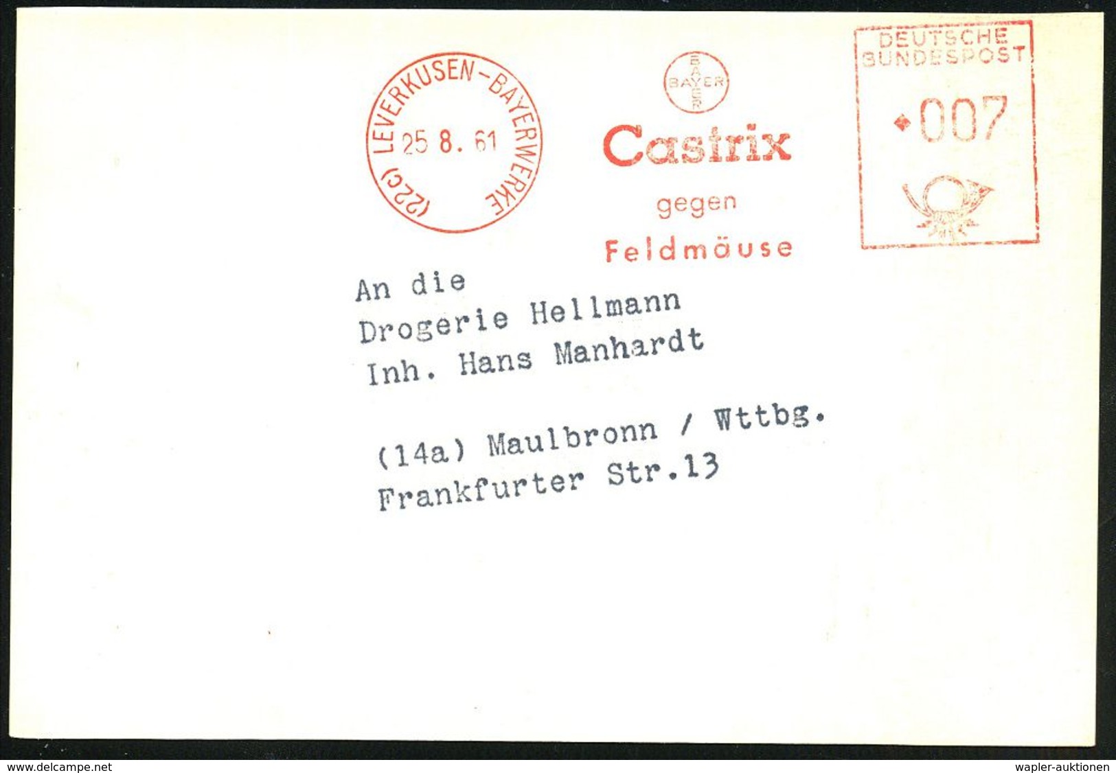 (22c) LEVERKUSEN-BAYERWERK/ BAYER/ Castrix/ Gegen/ Feldmäuse 1961 (24.2.) Seltener AFS = Hauspostamt , Klar Gest. Castri - Chimie