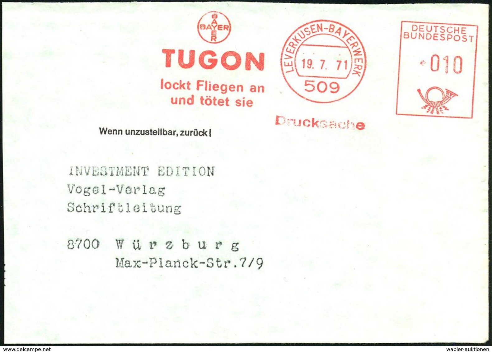 509 LEVERKUSEN-BAYERWERK/ BAYER/ TUGON/ Lockt Fliegen An/ U.tötet Sie 1967/71 2 Verschiedene AFS (je Firmen-Logo) Je Auf - Chimie