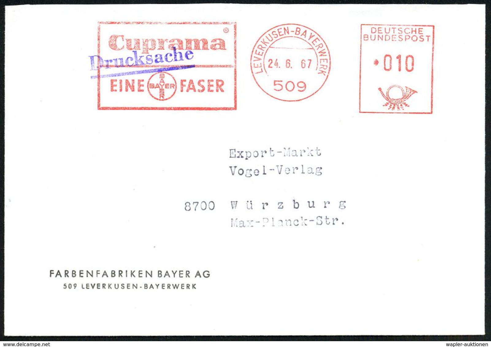 509 LEVERKUSEN-BAYERWERK/ Cupresa.. #bzw.# Cuprama/ EINE BAYER FASER 1965/67 2 Verschiedene AFS = Je Hauspostamt Bayer-W - Chimie