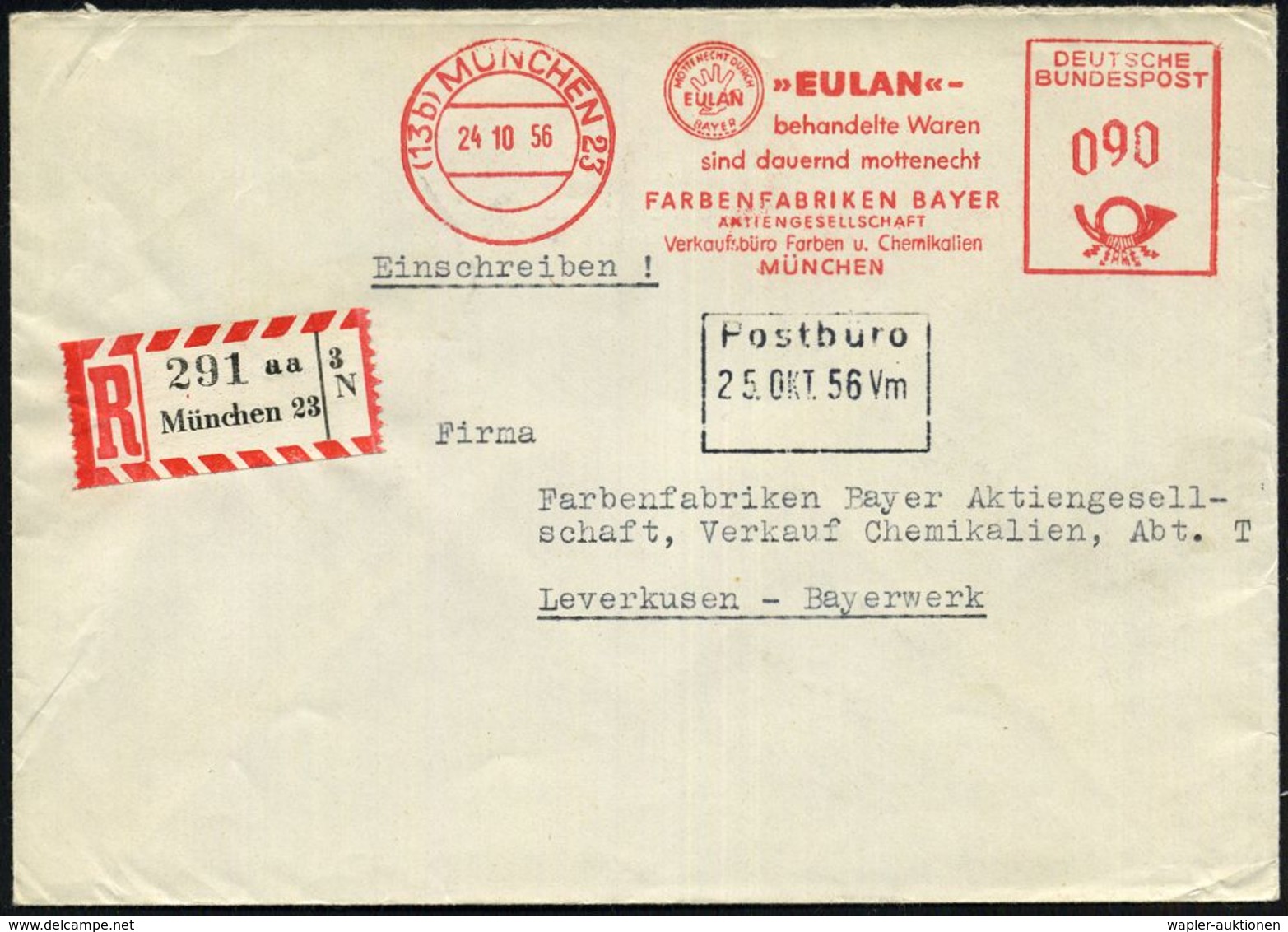 (13b) MÜNCHEN 23/ "EULAN"../ Dauernd Mottenecht/ FARBENFABRIKEN BAYER.. 1956 (24.10.) AFS 090 Pf. (Logo: Hhand) + RZ: Mü - Chimie