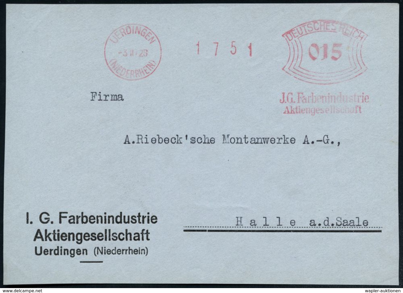 UERDINGEN/ (NIEDERRHEIN)/ J.G.Farbenindustrie/ AG 1928 (3.11.) AFS Auf Firmen-Vorderseite  (Dü.E-1BAm. Gr. Zählnr.) - I. - Chimie