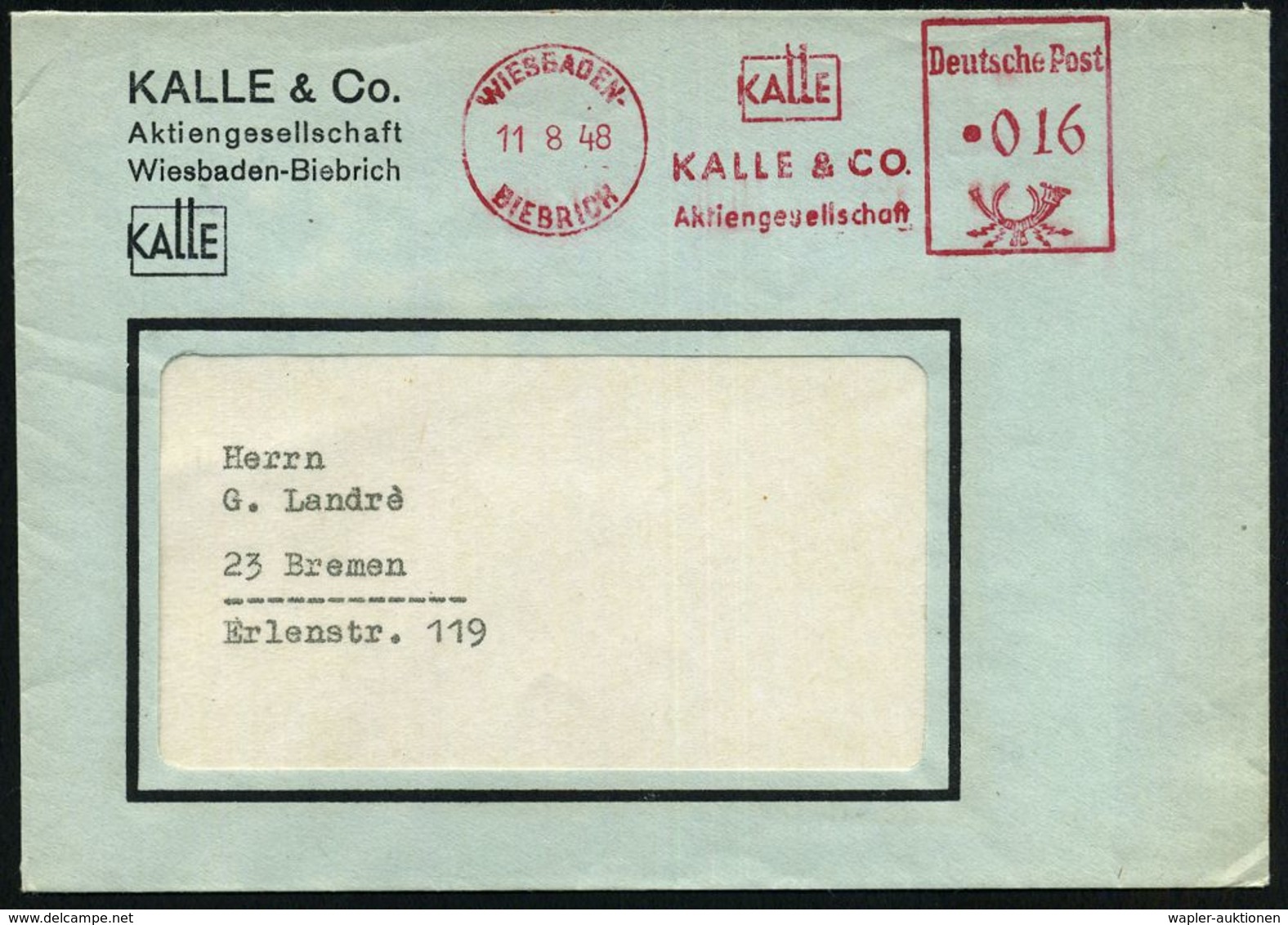 WIESBADEN-/ BIEBRICH/ KALLE & CO/ AG 1948 AFS Klar Auf Firmen-Orts-Bf.  (Dü.E-20A M.Punkt) - I. Weltkrieg (1914-18) / Fi - Chimie