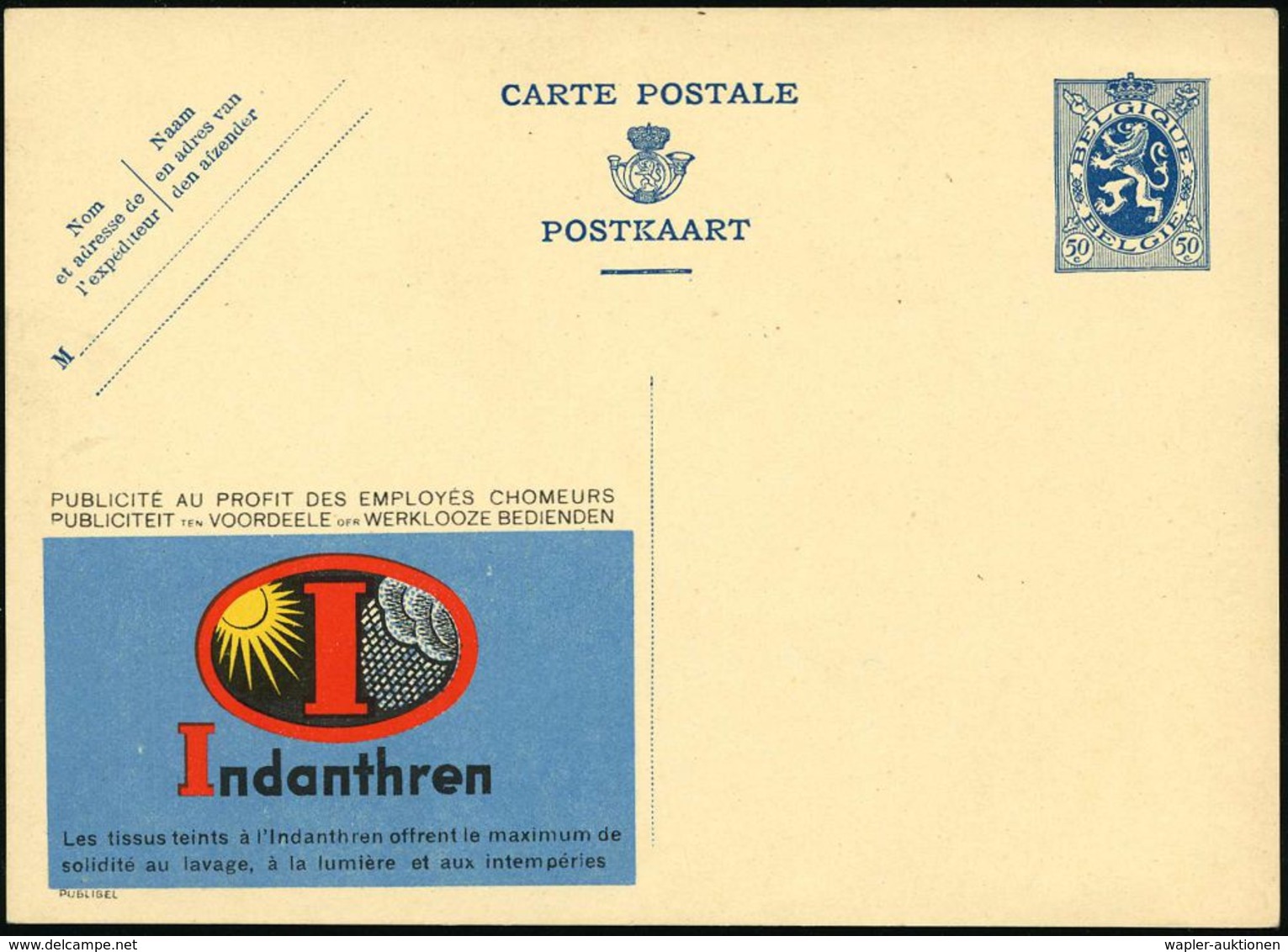 BELGIEN 1933 50 C. Reklame-P Löwe, Blau: Indanthren.. (IG.-Logo Mit Sonne, Regenwolke) Ungebr. (Mi.P 149 B / 68) - I. We - Chimie