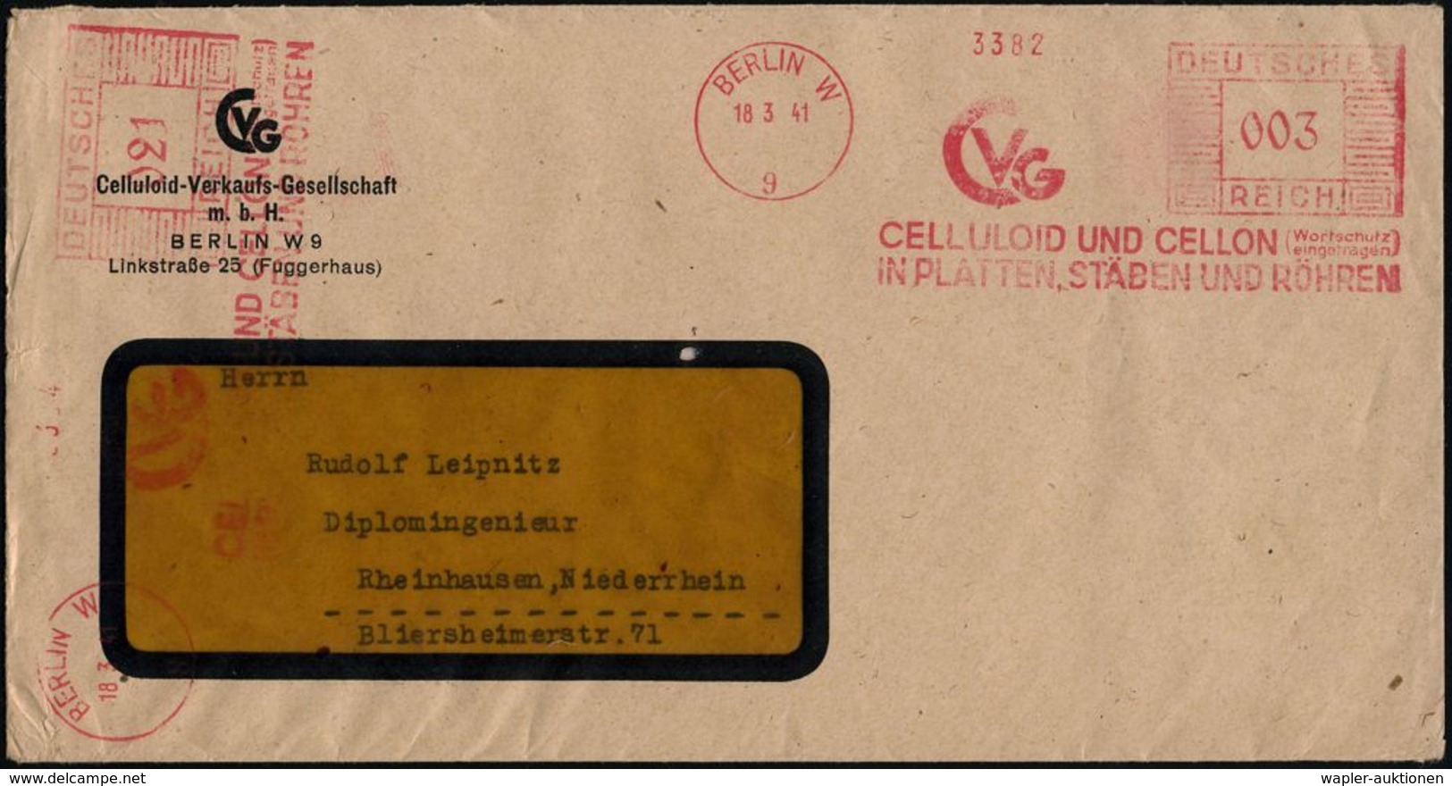 BERLIN W/ 9/ CVG/ CELLULOID UND CELLON (Wortschutz/ Eingetragen)... 1941 (18.3.) AFS 003 Pf. + 021 Pf. = 2 Abdrucke = 24 - Chimie