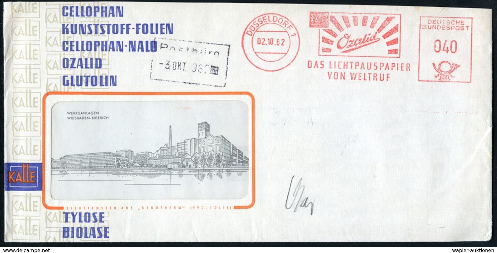 DÜSSELDORF 1/ KALLE/ Ozalid/ DAS LICHTPAUSPAPIER.. 1962 (2.10.) AFS Ohne PLZ (Firmenlogo) Klar Gest. Reklame-Bf: CELLOPH - Chimie