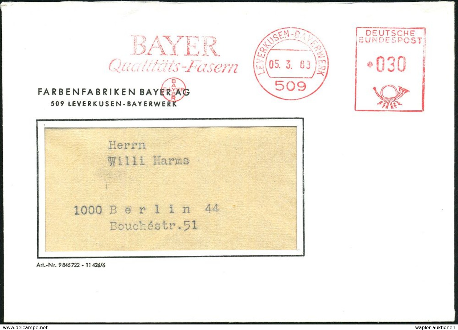 509 LEVERKUSEN-BAYERWERK/ BAYER/ Qualitäts-Fasern 1968 (5.3.) AFS = Hauspostamt Bayer-Werk (Logo) Firmen-Fernbrief (Dü.E - Chemie