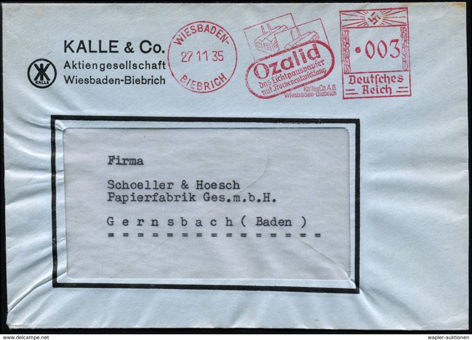 WIESBADEN-/ BIEBRICH/ Ozalid/ D.Lichtpauspapier/ Mit Trockenentwicklung/ Kalle & Co AG 1935 (27.11.) Seltener AFS (= 2 L - Chimie