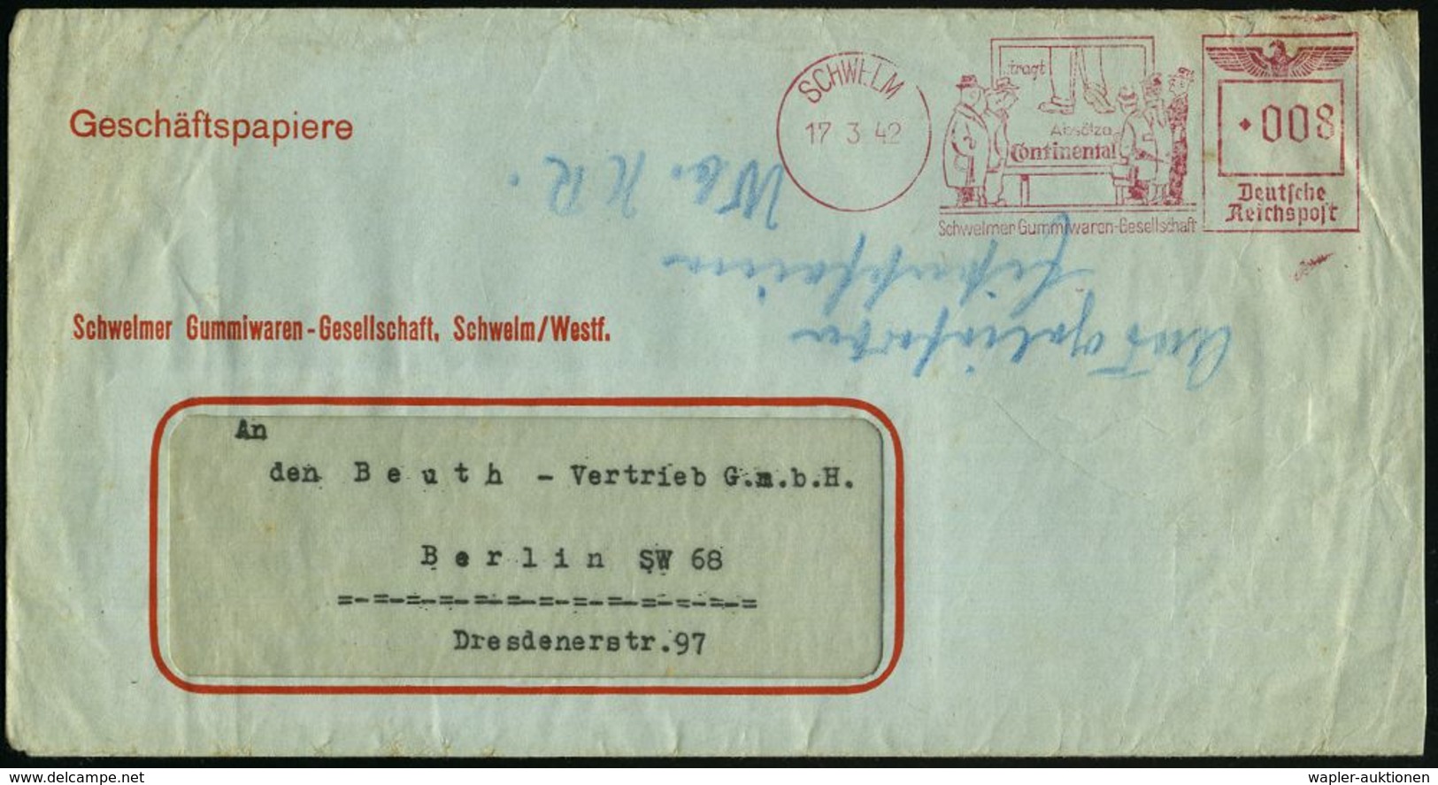 SCHWELM/ Tragt/ Absätze/ Continental/ Schwelmer Gummiwaren-Ges. 1942 (17.3.) Dekorat. AFS (= Passanten Bewundern "Reklam - Chimie