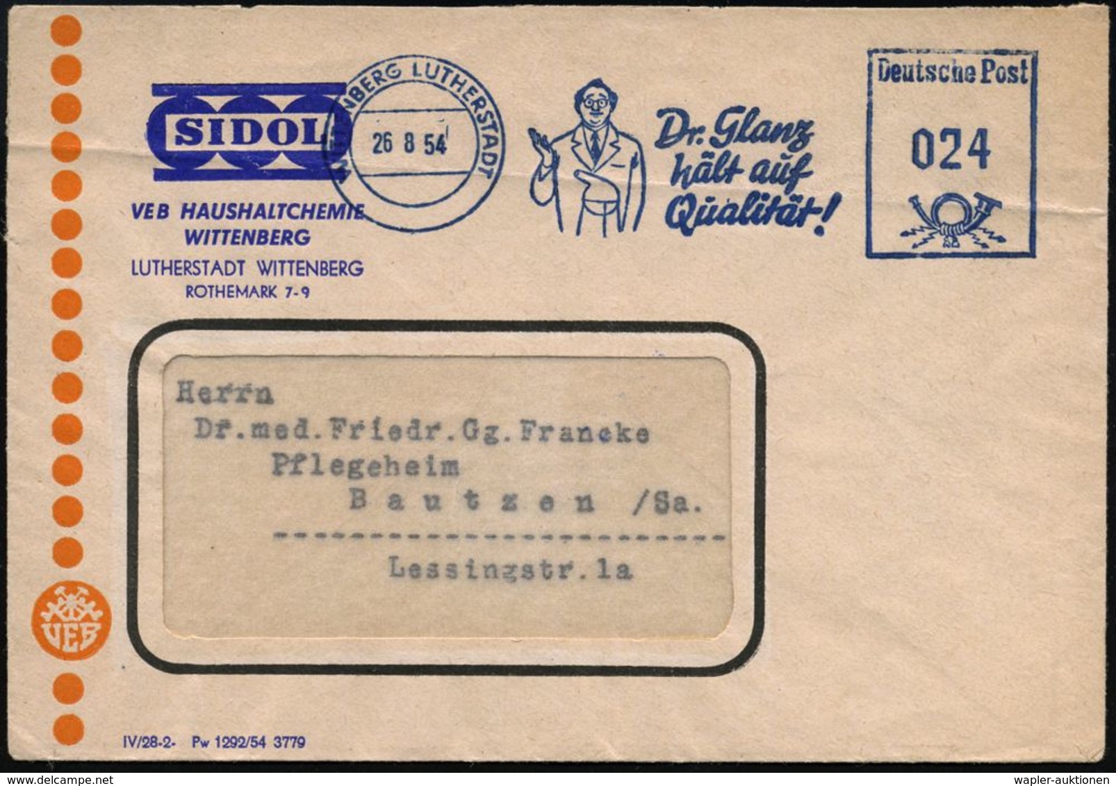 WITTENBERG LUTHERSTADT/ Dr.Glanz/ Hält Auf/ Qualität! 1954 (26.8.) Blauer AFS = DDR-Dienstfarbe (Motiv: Chemiker Vor Gla - Química