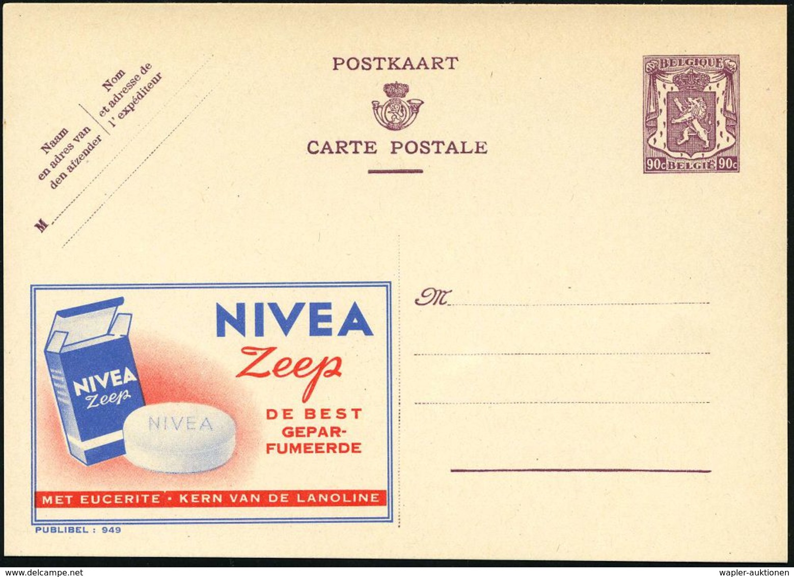 BELGIEN 1948 90 C. Reklame-P. "Publibel", Wappenlöwe, Braunlila: NIVEA Zeep.. (Nivea-Seife, Packung) Ungebr. (Mi.P 248 I - Chimica