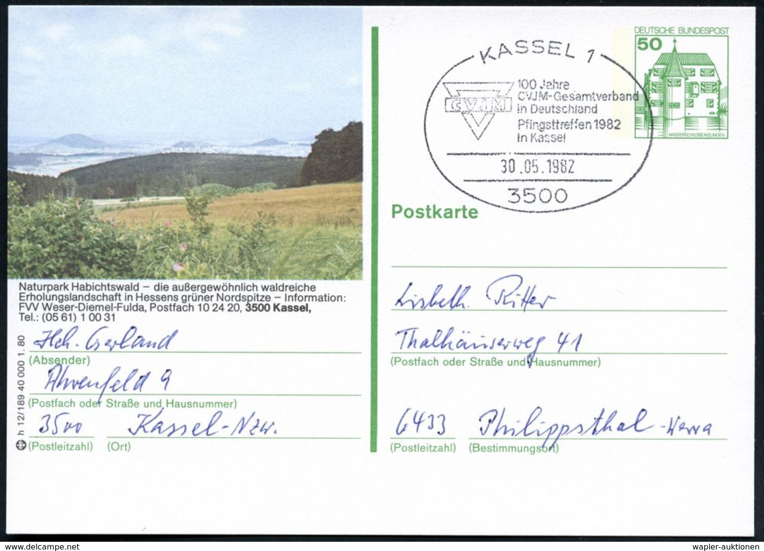 3500 KASSEL 1/ CVJM/ 100 Jahre/ CVJM-Gesamtverband../ Pfingsttreffen 1982 SSt (CVJM-Logo) Ortsgleiche BiP 50 Pf. Burgen: - Christianisme