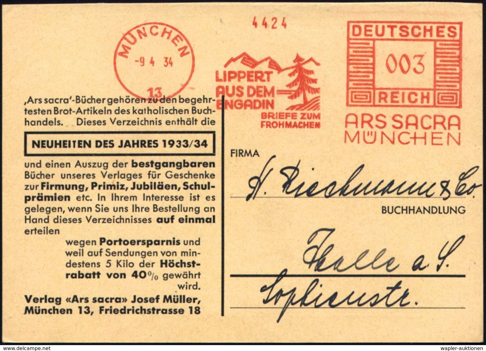 MÜNCHEN/ 13/ LIPPERT/ AUS DEM/ ENGADIN/ BRIEFE ZUM/ FROHMACHEN/ ARS SACRA 1934 (9.4.) Seltener AFS (Alpen-Landschaft M.T - Cristianesimo