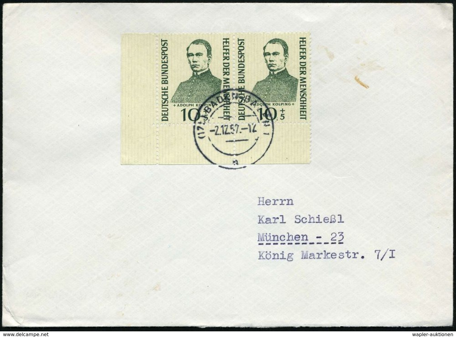 B.R.D. 1957 (2.12.) 10 + 5 Pf. Adolph Kolping, Reine MeF = Bogeneckrand-Paar ( = Kathol. Patron Der Christl. Gesellen, K - Christianisme