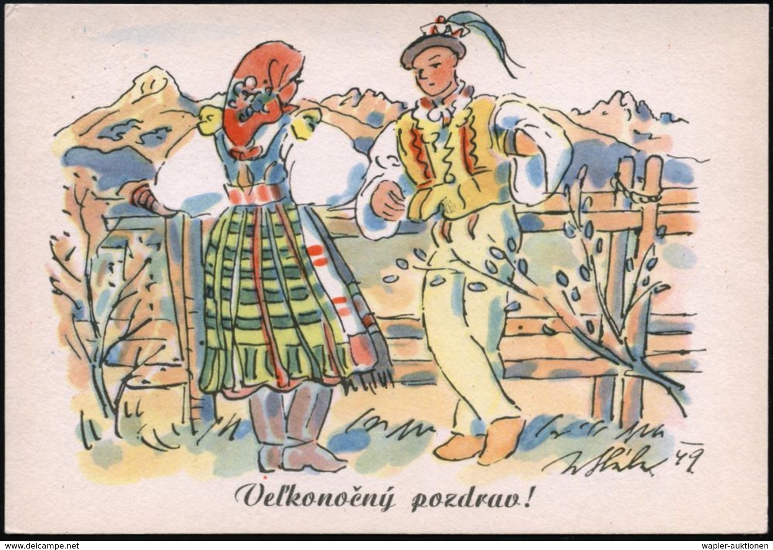 TSCHECHOSLOWAKEI 1951 1,50 Kc. BiP Gottwald: Ostergrüße! = Junges Bauern-Paar In Tracht (Künstler-Kt.) Ungebr. (Pofis CP - Christentum