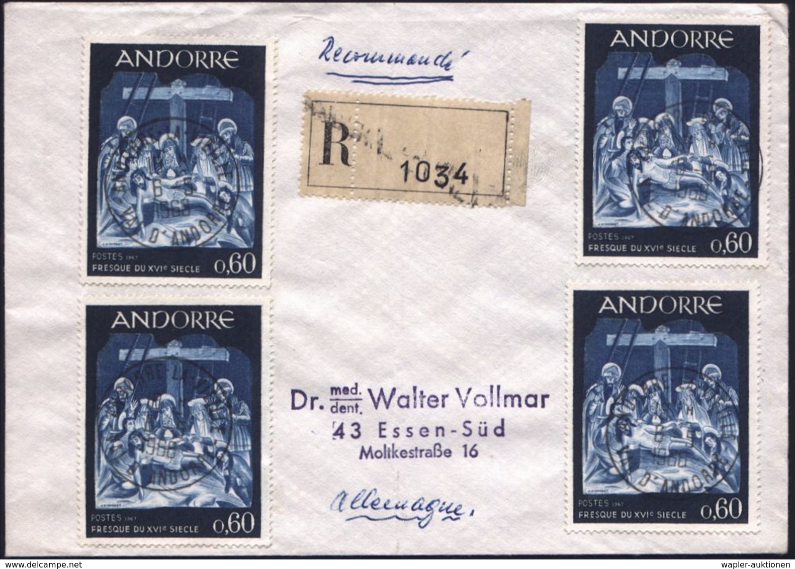 ANDORRA (FRANZ.) 1968 (6.5.) 0,60 F. "Kreuzabnahme Jesu" (= Freske 16. Jhdt.) + Provis. RZ (Bf. Schwache Mittelfalte) Kl - Christianisme