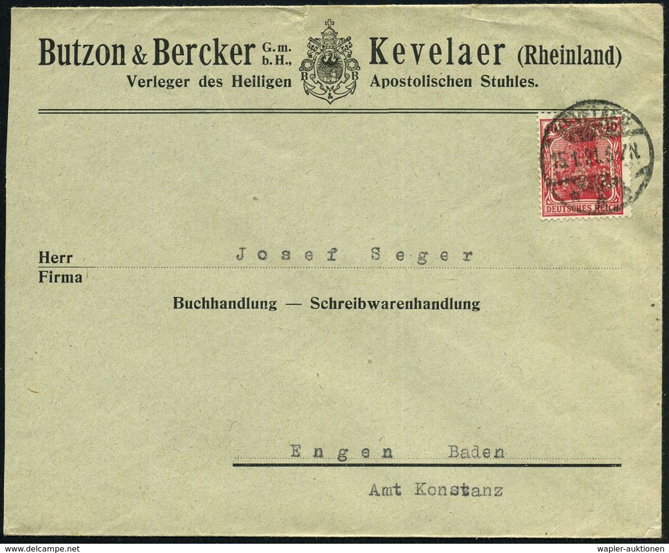 Kevelaer 1921 (15.1.) 40 Pf. Germania EF Mit Firmenlochung: B. & B. = B Utzon & Becker, Vordr.-Bf.: Verleger Des Heilige - Papes