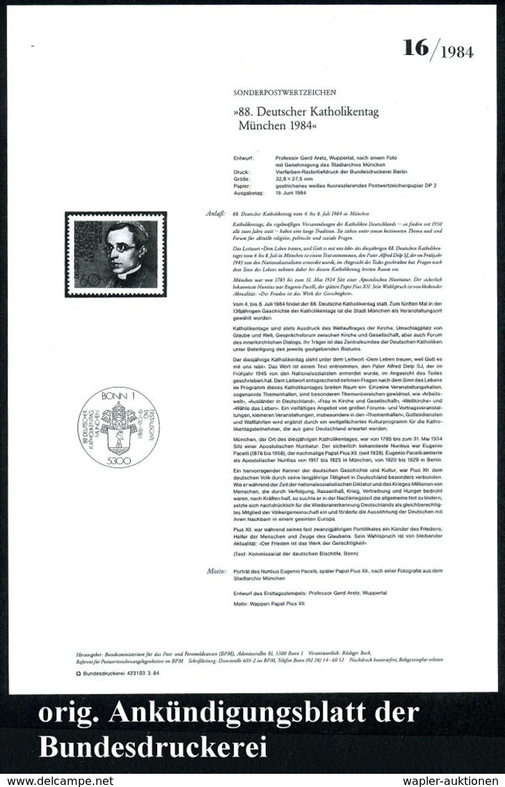 B.R.D. 1984 (Juni) 60 Pf. "88. Deutscher Katholikentag München" = Papst Pius XII. Mit Amtl. Handstempel  "M U S T E R" , - Papes