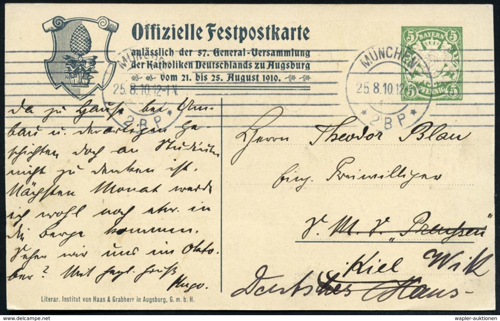 Augsburg 1910 (25.8.) PP 10 Pf. Wappen, Grün: 57. Generalversammlung Der Katholiken Deutschlands.. = Engel, St. Ulrich = - Cristianesimo