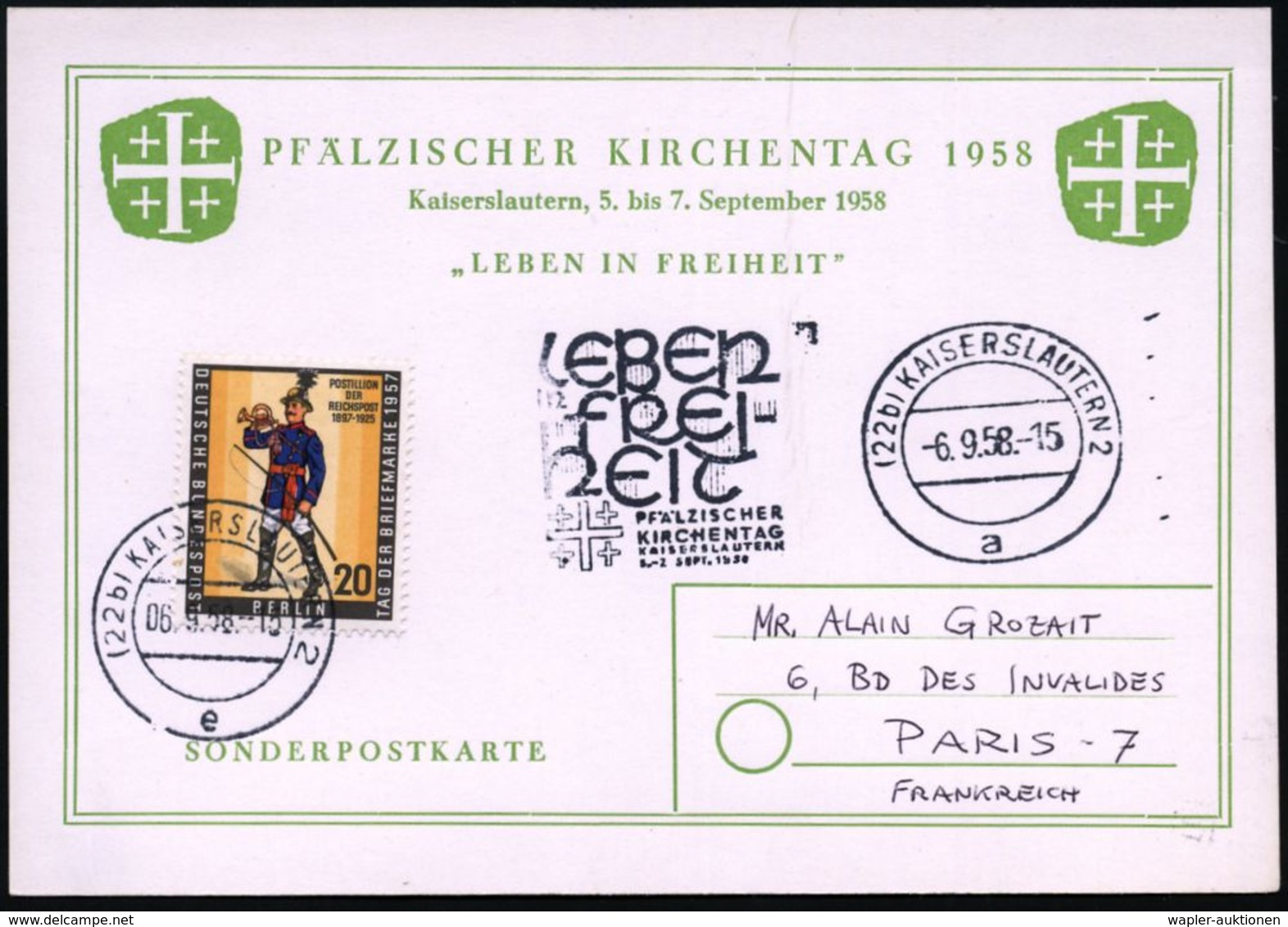 (22b) KAISERSLAUTERN 2/ A/ LEBEN/ IN/ FREI-/ HEIT/ PFÄLZISCHER/ KIRCHENTAG.. 1958 (6.9.) BdMWSt = Jerusa-lem-Kreuz , Fra - Christianisme