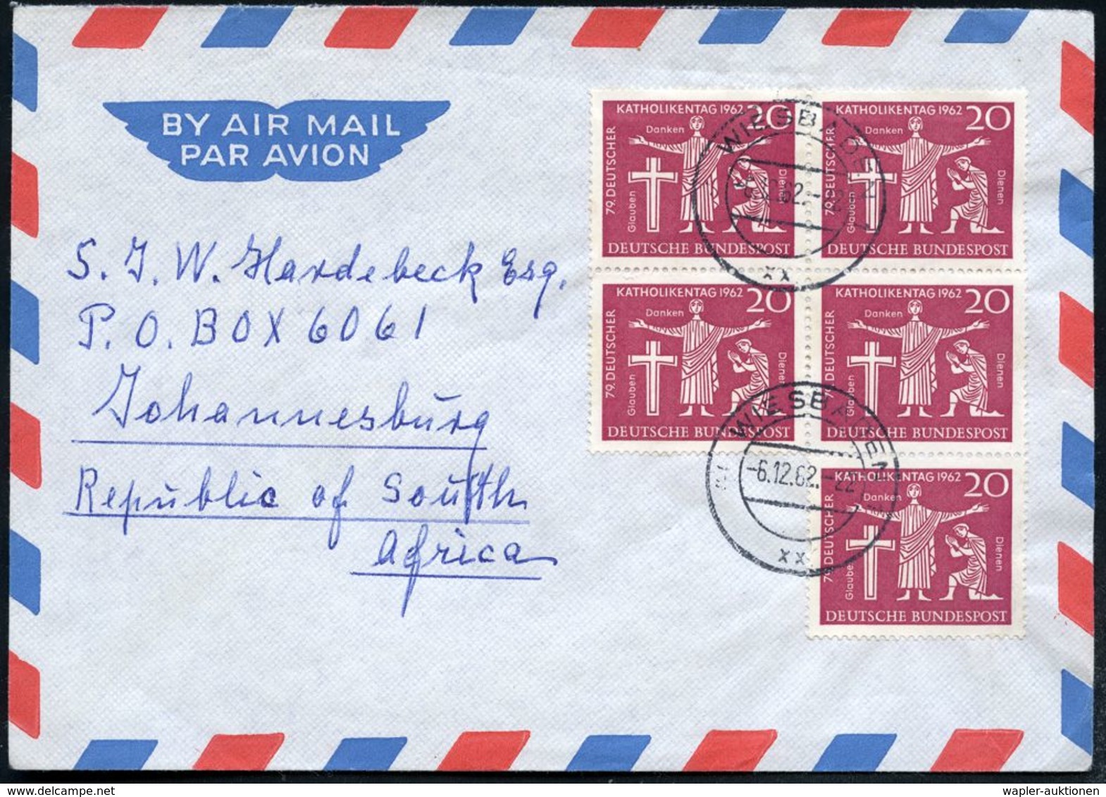 B.R.D. 1962 (6.12.) 20 Pf. "79. Deutscher Katholikentag, Hannover", Reine MeF: 5er-Block , Sauber , Zentr. Gest. Übersee - Christianisme