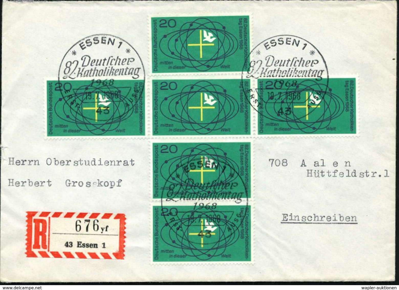 B.R.D. 1968 (19.7.) 20 Pf. "82. Deutscher Katholikentag", Essen, Reine MeF In Kreuzform Geklebt!: 6 Stück (Mi.568 MeF) + - Christianisme