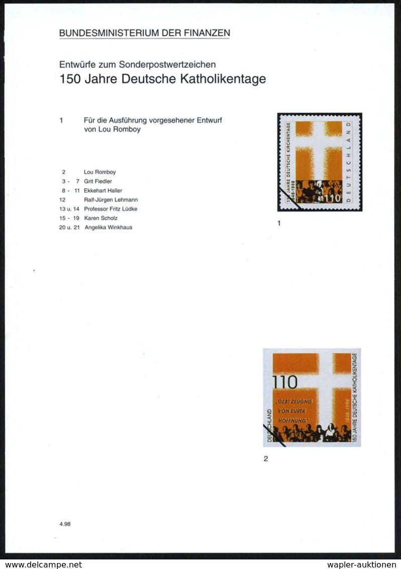 B.R.D. 1998 (Apr.) 110 Pf. "150 Jahre Deutsche Katholikentage", 21 Verschied. Color-Alternativ-Entwürfe Der Bundesdrucke - Christianisme