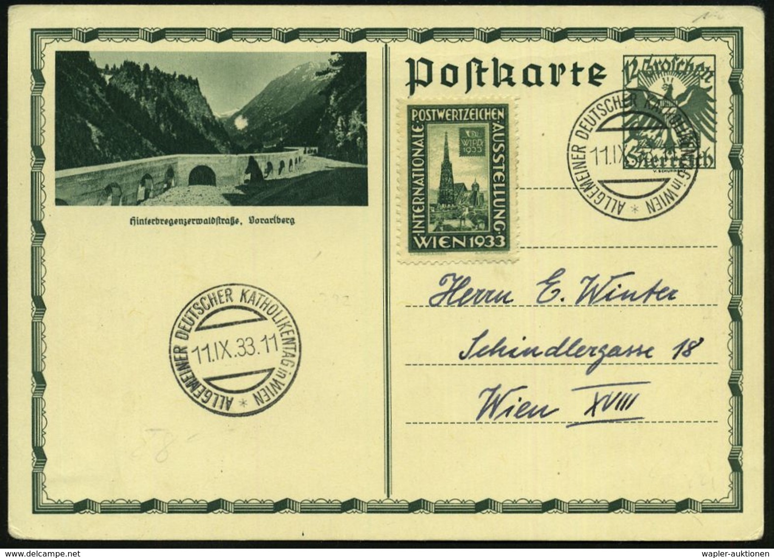 ÖSTERREICH 1933 (11.9.) SSt: WIEN ALLGEM. DEUTSCHER KATHOLIKENTAG Klar Auf BiP 12 Gr. + WIPA-Stephansdom-Vignette!, Klar - Christianisme